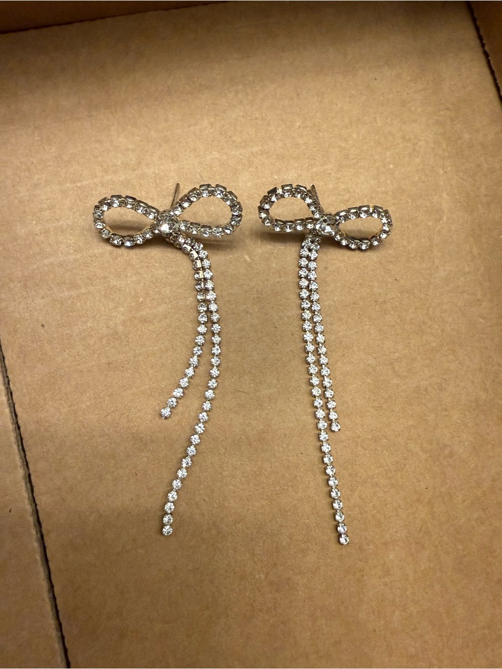 Rhinestone Bow Drop Earrings - Sparkling Silver